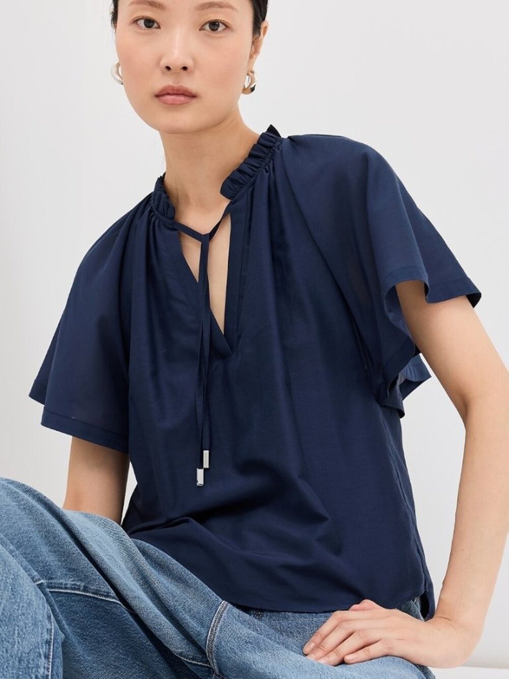$275 SIMKHAI Ludovica Short Sleeve Silk Cotton V Neck Top in Midnight Blue XS